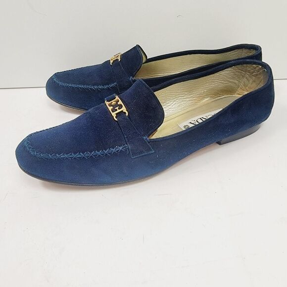Escada Midnight Blue Signature 'E'  Velour Moccasin Loafers Size 11 - Picture 3 of 10